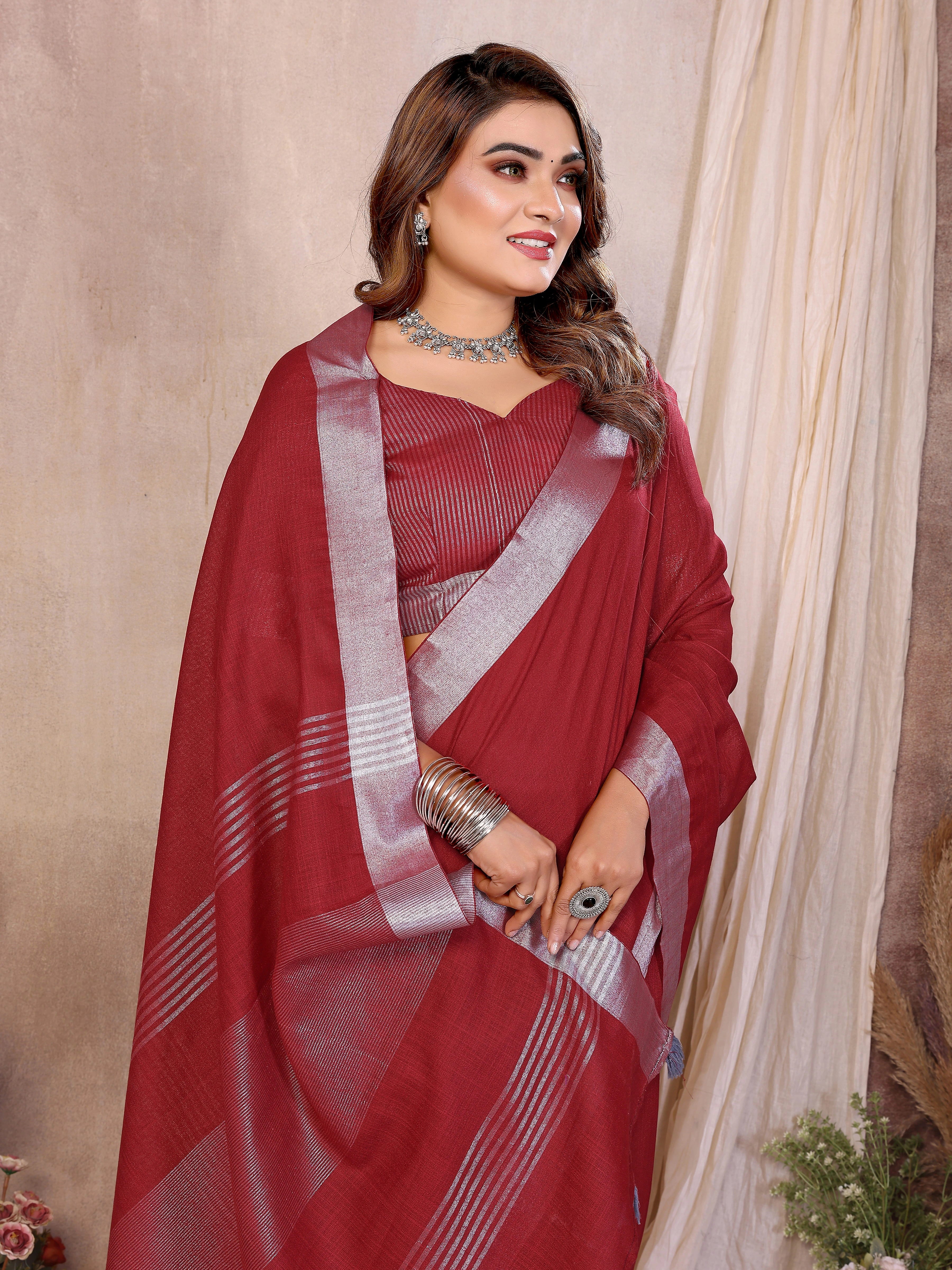 Maroon Zari Border Soft Linen Cotton Saree - kalyanja